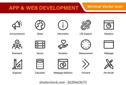 Ícones de Desenvolvimento Web de Aplicativo Profissional - Conjunto de Vetor de Contorno Moderno para IU, UX, Programação, Sites, Codificação, Produtos Digitais e Software