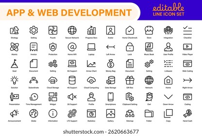 Iconos de desarrollo de Web de App de Profesional: conjunto de Vectores de contorno moderno para interfaz de usuario, UX, programación, Sitios web, codificación, Productos digitales y software