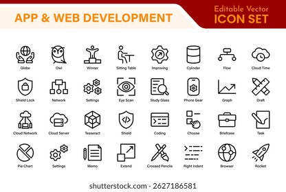 Iconos de desarrollo de Web de App de Profesional: conjunto de Vectores de contorno moderno para interfaz de usuario, UX, programación, Sitios web, codificación, Productos digitales y software