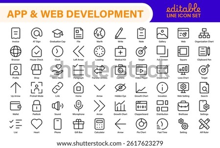 Professional App Web Development Icons – Modern Outline Vector Set for UI, UX, Programming, Websites, Coding, Digital Products, and Software