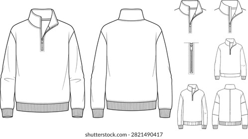 A professional apparel template featuring front and back technical drawings of a quarter-zip pullover with ribbed cuffs and hem. This vector illustration includes detailed close-ups of the zipper and collar, ideal for fashion design tech packs and garment mockups.
A professional apparel template featuring front and back technical drawings of a quarter-zip pullover with ribbed cuffs and hem. This vector illustration includes detailed close-ups of the zipper and collar, ideal for fashion design tech packs and garment mockups.
