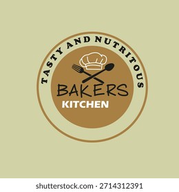 A professional and appealing circular logo design for a bakery, catering service, or healthy meal preparation brand. The design features an intersecting spoon and fork, centered beneath a classic chef