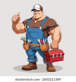 A professional and approachable handyman mascot illustration. Designed in a modern cartoon style, this strong and friendly worker character is ideal for contractors, hardware stores, and maintenance