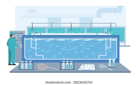 Professional aquatic research facility with scientists operating control panels and monitoring fish tanks for marine biology studies.