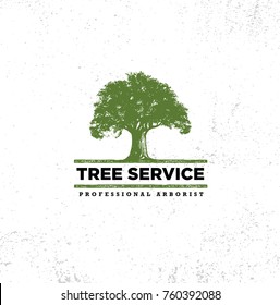 Professional Arborist Tree Care Service Organic Eco Sign Concept. Landscaping Design Raw Vector Illustration On Distressed Wall Background