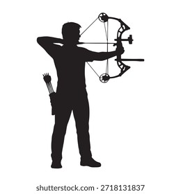 Professional archer in silhouette with compound bow, ready to shoot an arrow with precision