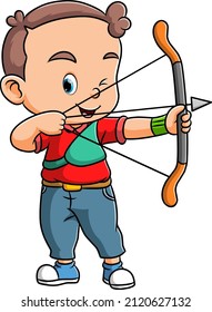 The professional archery boy is aiming the target of illustration