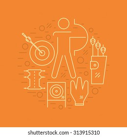 Professional archery concept with different symbols including bow, arrows and man aiming to the target. Sport illustration made in modern linear style. Vector archery design.