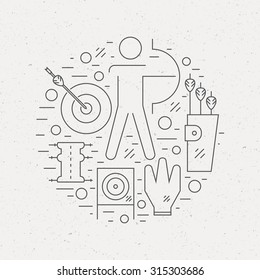 Professional archery concept with different symbols including bow, arrows and man aiming to the target. Sport illustration made in modern linear style. Vector archery design.