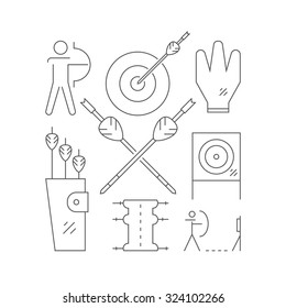 Professional archery concept with different symbols including bow, arrows and man aiming to the target. Sport illustration made in modern linear style. Vector archery design.