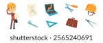 Professional Architect Work Tools and Supply Vector Set