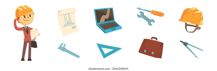 Professional Architect Work Tools and Supply Vector Set