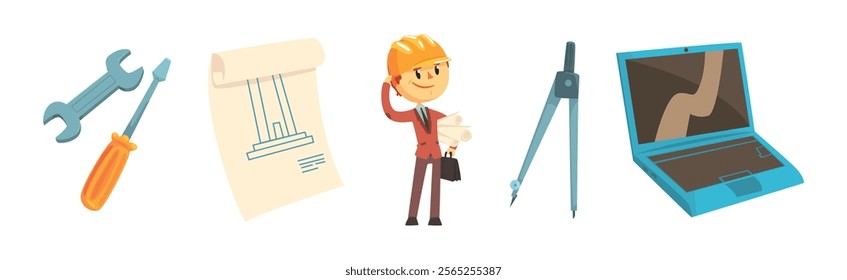 Professional Architect Work Tools and Supply Vector Set