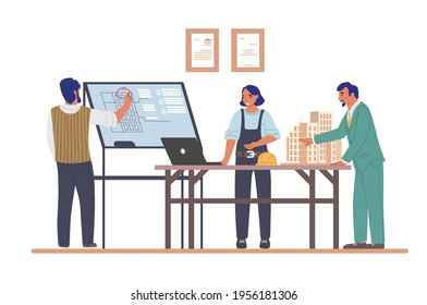Professional architects, engineers working on architecture project of modern housing complex, flat vector illustration. Building industry, construction development.
