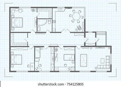 Professional architectural floor plan of the house with kitchen, sleeping rooms, children's room, bathroom, toilet, pantry, living room and hallway. Vector illustration sketch plan on a background.