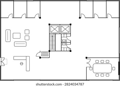 Professional architectural floor plan illustrating a modern commercial office with reception, open workspace, private rooms, meeting area, elevators, staircase, and service facilities in a top view. Suitable for architecture, interior design, engineering, construction planning, office space management, and commercial real estate presentations.