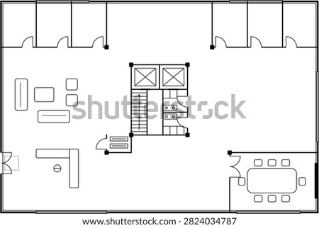 Professional architectural floor plan illustrating a modern commercial office with reception, open workspace, private rooms, meeting area, elevators, staircase, and service facilities in a top view. Suitable for architecture, interior design, engineering, construction planning, office space management, and commercial real estate presentations.