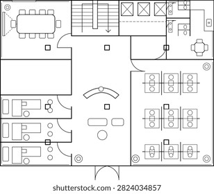 Professional architectural floor plan of a modern office featuring workstations, private offices, meeting room, reception area, pantry, dining space, and circulation layout in a top view. Ideal for architecture, interior design, commercial planning, engineering documentation, real estate, and workspace design projects.