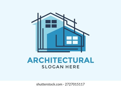 Logotipo arquitectónico del Plan de la casa del Profesional, silueta moderna azul de la construcción casera con las Formas geométricas superpuestas, firma arquitectónica minimalista e icono de la marca de la ingeniería civil