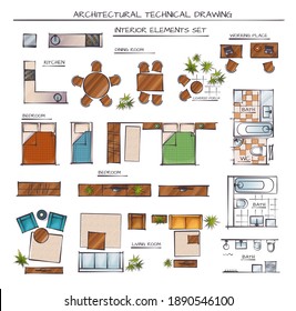 Professional Architectural Vector Set Of Interior Elements Isolated On White. Plan View