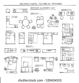 Professional Architectural Vector Set Of Interior Elements. Plan View