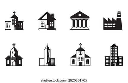 Professional architecture and building icon collection including factories, churches, offices, houses, and public buildings. Ideal for city planning, construction, real estate, UI, websites, and infographic design.