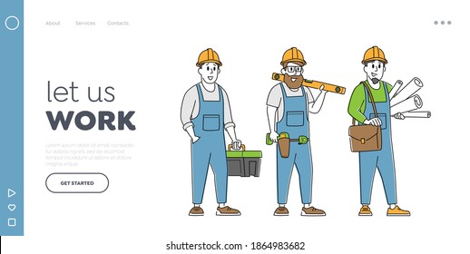 Professional Architecture Building Landing Page Template. Builder or Foreman Characters with Tools and Blueprint. Architects with House Plan, Worker Constructors. Linear People Vector Illustration