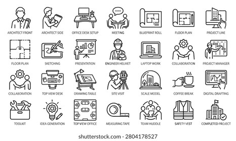 Professional architecture line icon collection featuring blueprint rolls site visit engineer helmet floor plans and laptop work. Creative design process symbols including idea generation measuring tape safety vest toolkit and completed project graphics for construction planning.