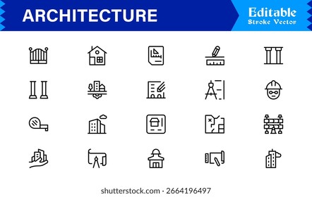 Professional Architecture Line Icon Set Featuring Modern Minimal Designs, Unique Building Symbols, Construction Elements, Urban Planning Icons, and Structural Concepts for Creative Use