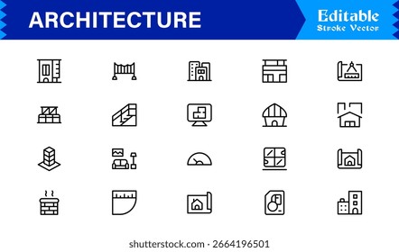 Conjunto de iconos de línea de arquitectura de Profesional con Diseños mínimos modernos, símbolos de construcción únicos, Elementos de construcción, iconos de planificación Urbana y conceptos estructurales para uso creativo