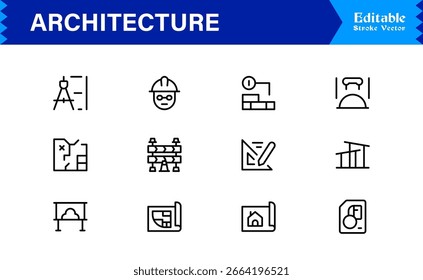 Professional Architecture Line Icon Set Featuring Modern Minimal Designs, Unique Building Symbols, Construction Elements, Urban Planning Icons, and Structural Concepts for Creative Use