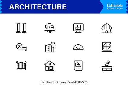 Professional Architecture Line Icon Set Featuring Modern Minimal Designs, Unique Building Symbols, Construction Elements, Urban Planning Icons, and Structural Concepts for Creative Use