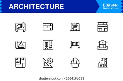Professional Architecture Line Icon Set Featuring Modern Minimal Designs, Unique Building Symbols, Construction Elements, Urban Planning Icons, and Structural Concepts for Creative Use