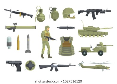 Professional Army Infantry Forces Weapons, Transportation And Soldier Equipment Set Of Realistic Objects In Khaki Color