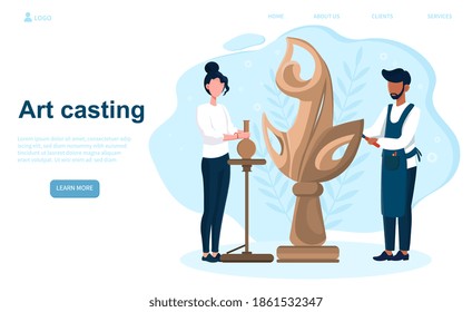 Professional art casting. Black sculptor creating sculpture of the wood clay. Creative artist. Art and hobby. Website, web page, landing page template. Flat cartoon vector illustration