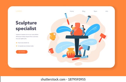 Professional art casting web banner or landing page. Sculptor creating sculpture of the wood clay. Creative artist. Art and hobby. Isolated vector illustration in flat style