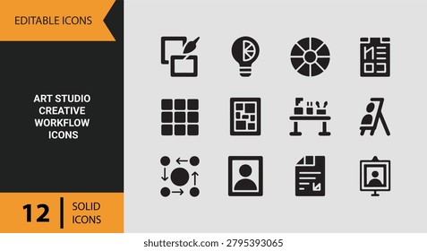 Professional art studio workflow solid icons showcasing creative process planning production tools workspace organization and artistic development for designers educators and creators