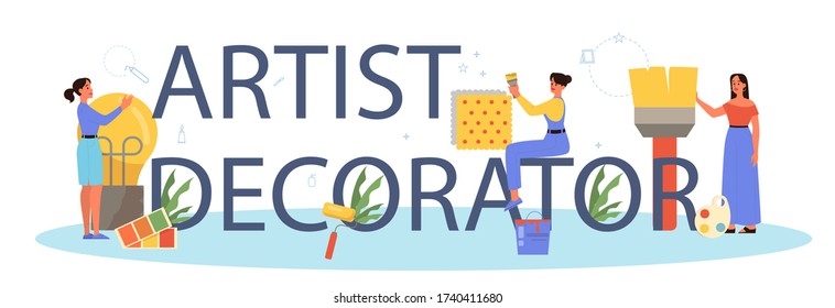 Concepto de encabezado tipográfico de decorador de artista profesional. Diseñador planificando el diseño de una habitación, eligiendo el color de la pared y el estilo del mobiliario. Renovación de la casa. Ilustración vectorial plana aislada