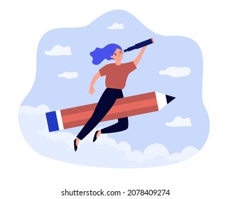 Professional artist generating trendy idea, flying on pencil. Creative woman looking through telescope flat vector illustration. Agency, creation concept for banner, website design or landing web page