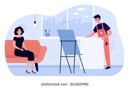 Professional artist preparing for painting portrait of woman. Man holding canvas behind easel, model on sofa in workshop flat vector illustration. Art, occupation concept for banner or website design