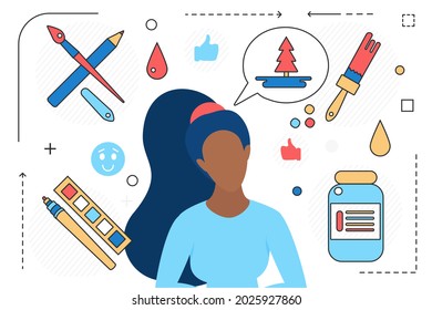 Professional artist work process and tools, art studio agency vector illustration. Cartoon designer freelance character with objects to draw creative artworks, line icons overhead isolated on white