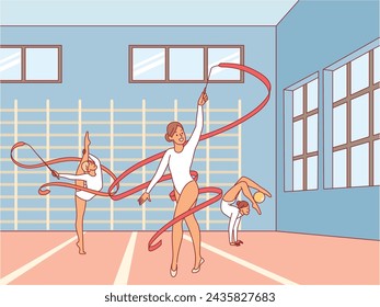 Entrenan gimnastas artísticos profesionales. Proceso de entrenamiento de atletas, equipo deportivo, preparación de competición, hermosas niñas en trajes con cintas y pelota, concepto de vector plano aislado de dibujos animados