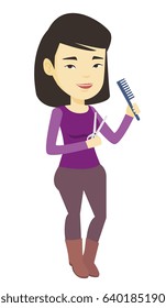 Professional asian female hair stylist ready to do a haircut. Full length of young female hair stylist holding comb and scissors in hands. Vector flat design illustration isolated on white background.