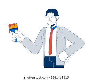 Professional asian man in suit holding paintbrush dripping paint 2D cartoon character. Creative leader office worker isolated person flat vector on white background. Spot illustration colorful