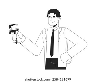 Professional asian man in suit holding paintbrush dripping paint black and white 2D line character. Creative leader office worker isolated vector outline person. Monochromatic spot illustration