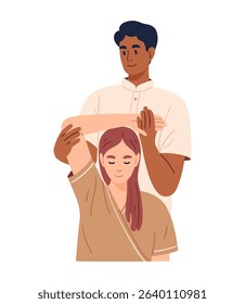 Professional asian massage therapist stretches a client's arm during Thai yoga massage. Hand drawn vector illustration.