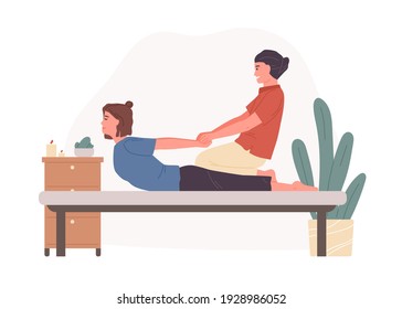 Professional asian therapist practicing Thai yoga massage therapy in salon. Patient enjoying wellness Spa body treatment. Colored flat vector illustration isolated on white background