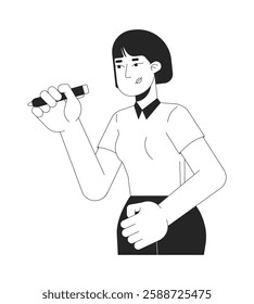 Professional asian woman writing with pen marker in hand black and white 2D line character. Korean office worker poised to write isolated vector outline person. Monochromatic spot illustration