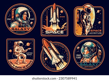 Professional astronauts set stickers colorful with people in space suits and shuttles flying in starry sky vector illustration