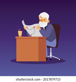 Professional astronomer scientist sitting at table and research map of sky star in observatory. Flat cartoon vector illustration